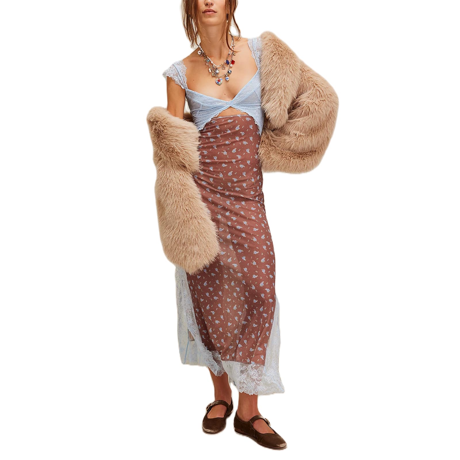 Women Sleeveless Maxi Dress Backless Bodycon Floral Printed Spaghetti Strap Long Dress Sheer Mesh Summer One-Piece