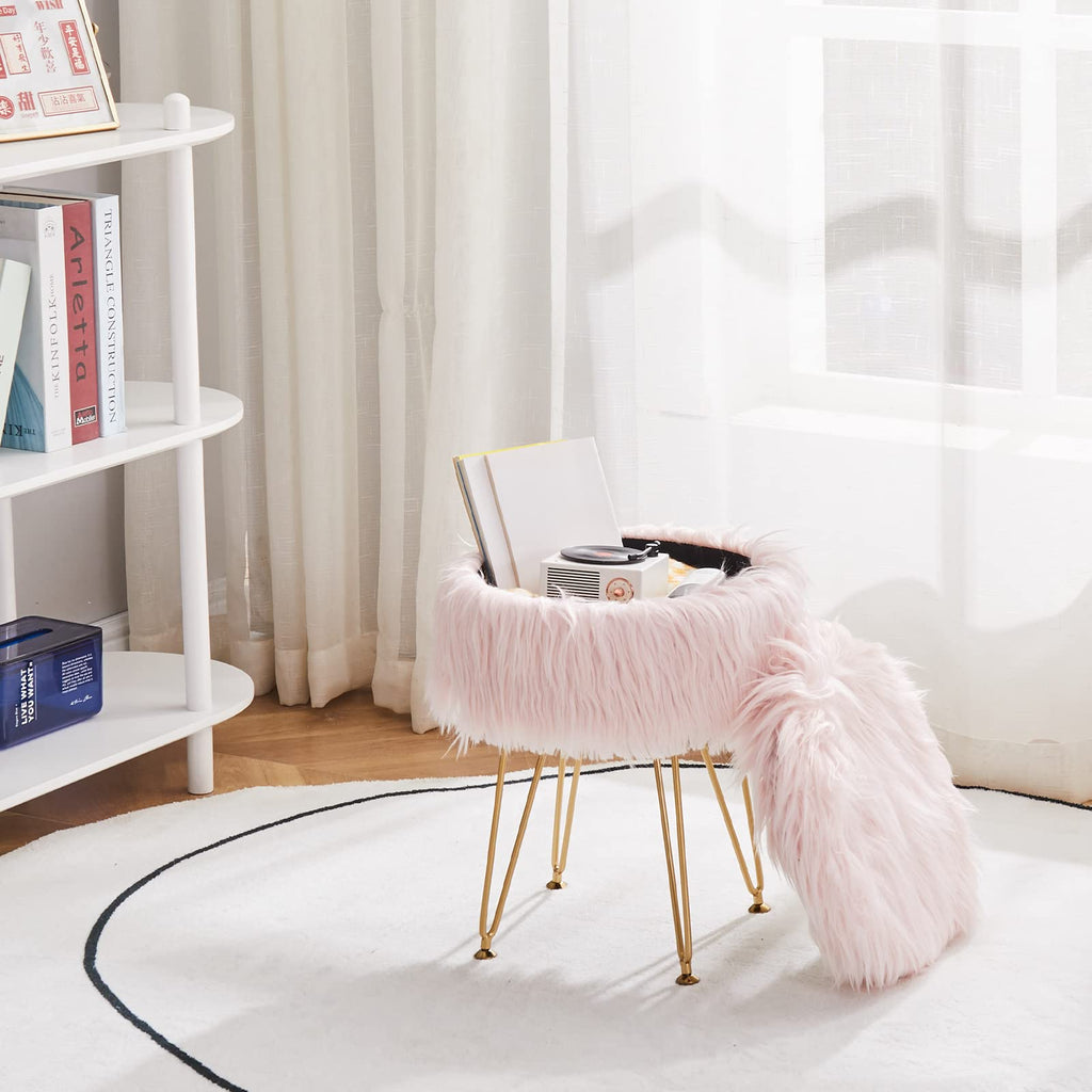 Faux Fur Storage Ottoman Round Furry Vanity Stool Marble Grain Tray Coffee Table Compact Footrest Stool with 4 Metal Legs Soft Makeup Seat Foot Stools for Living Room Bedroom Entryway