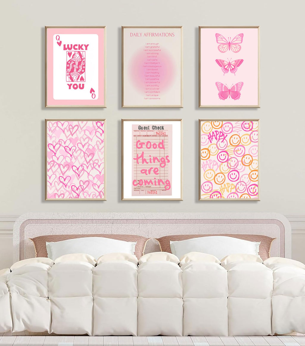 Pink and Orange Preppy Wall Art Queen Poker Halo Angel Digital Poster Tiger Heart You Look Good Yk2 Print Fashion Preppy Canvas Unframed Size: 8x10 inches 6 Pieces