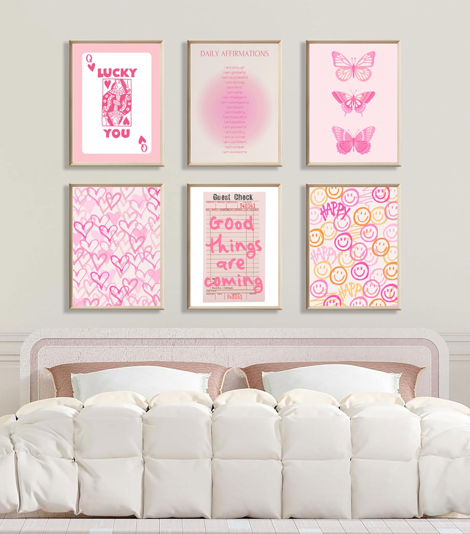 Pink and Orange Preppy Wall Art Queen Poker Halo Angel Digital Poster Tiger Heart You Look Good Yk2 Print Fashion Preppy Canvas Unframed Size: 8x10 inches 6 Pieces