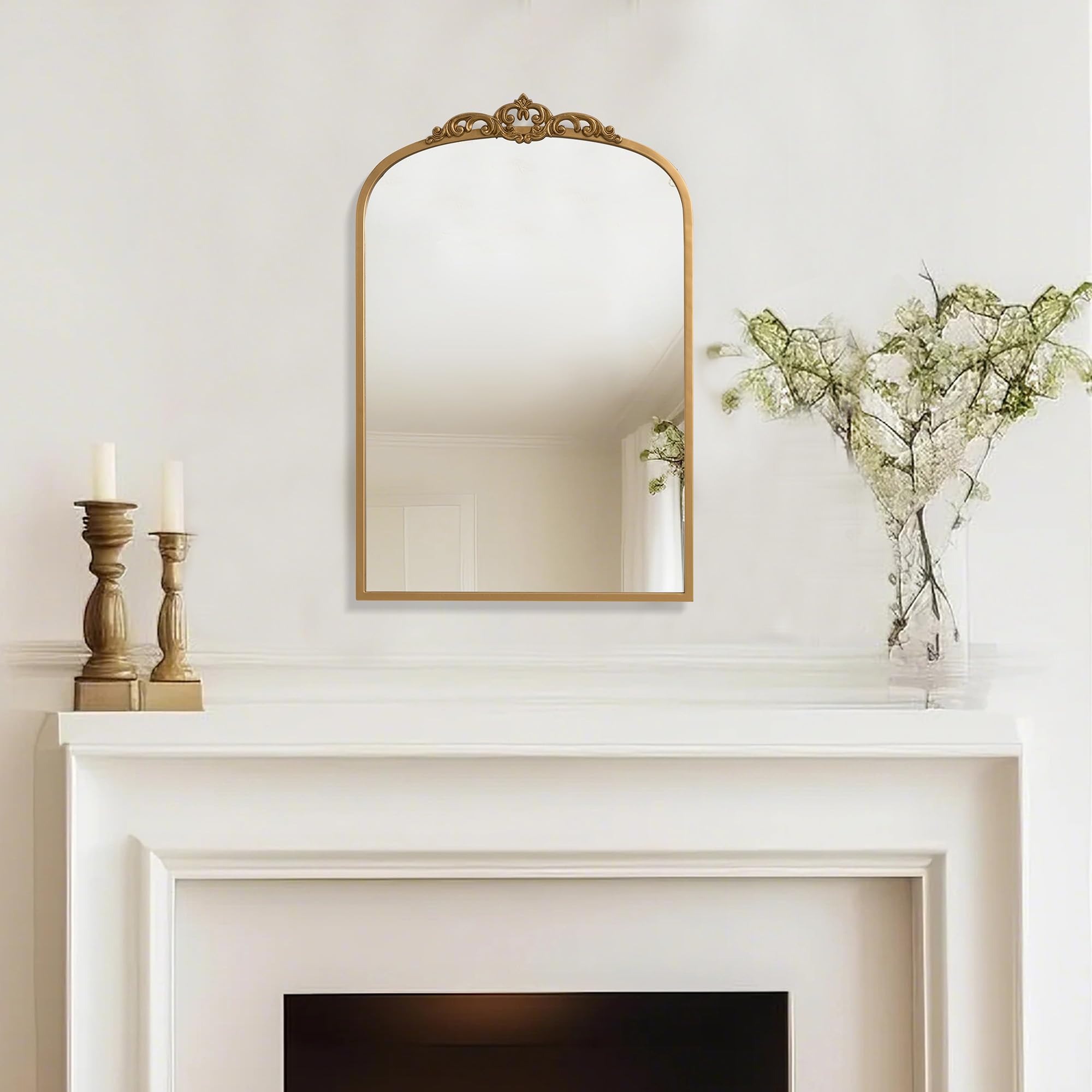 Set Vintage Mirror 36x29 Gold Antique Baroque Arched Ornate Traditional Brass Mirror and 8.5x12 Vintage Vanity