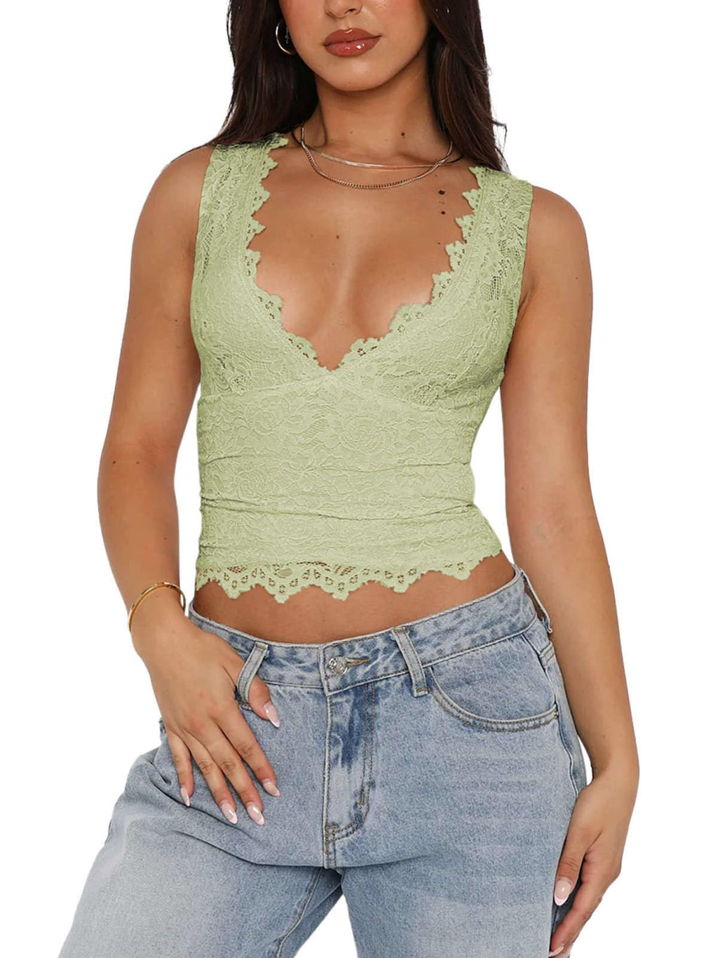 Women's Sexy V-Neck Sleeveless Lace Cropped Tank Top â€?Y2K Trendy Double-Lined