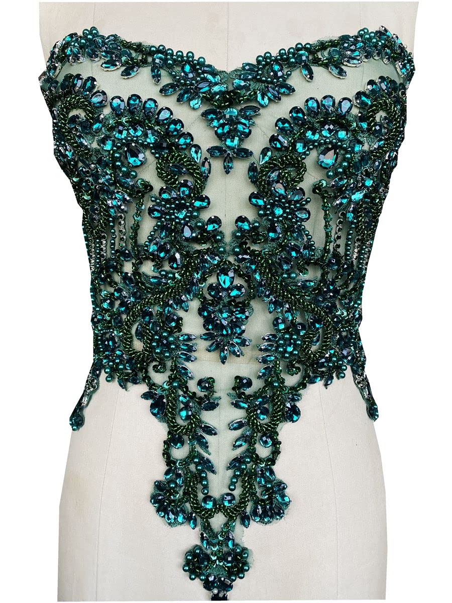 Handmade red/Blue/Gold/Green Rhinestones lace Bodice Applique Sewing Beads Crystal Trim Patches Accessory for Dress Clothes (Rose red)