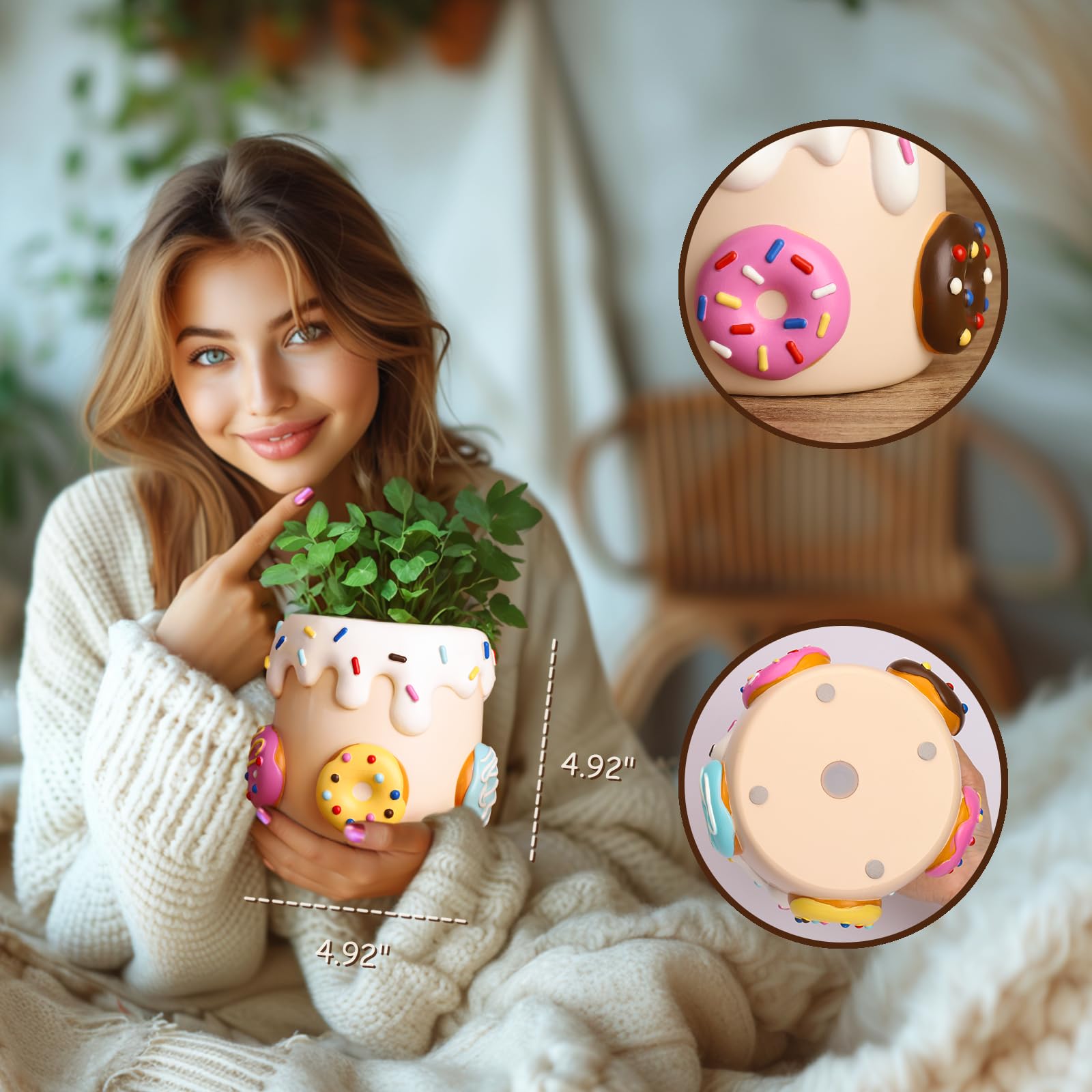 Cute Donut Planters, Unique Plant Pots with Drainage, Rainbow Colorful Small Flower Pots for Indoor Plants, Funny Succulent Planter Pot for Plant Lovers