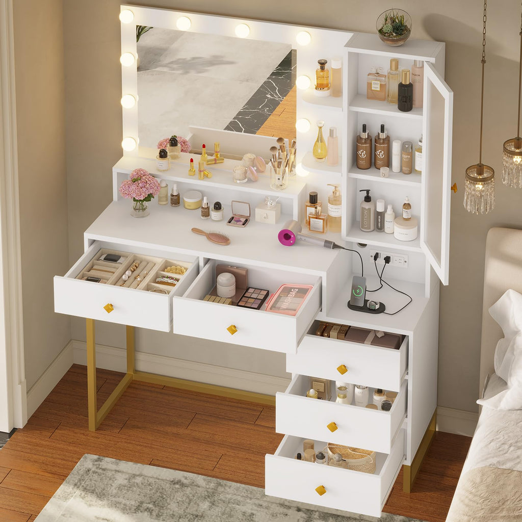 Vanity Desk with Mirror and Lights & Charging Station, White Vanity Table with 5 Storage Drawer & Glass Door & 3 Shelves