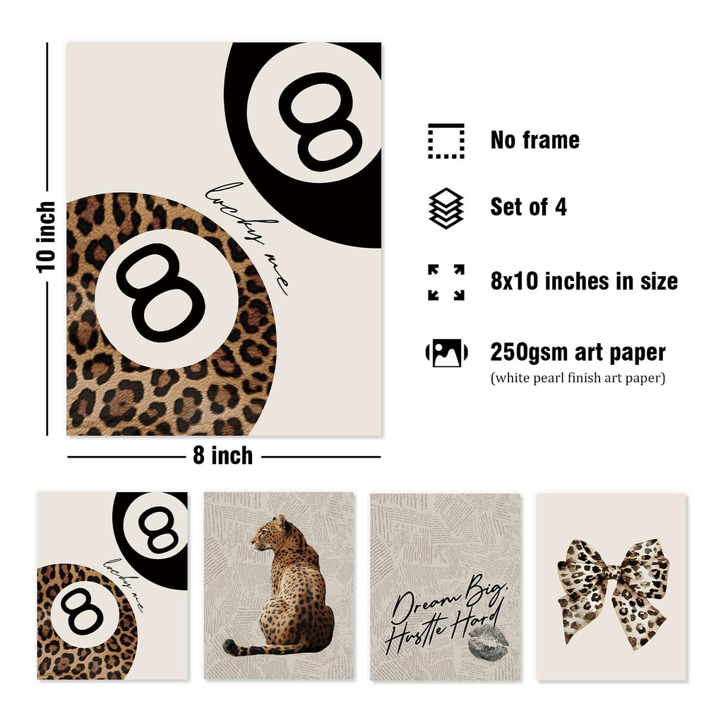 Trendy Leopard Wall Art Prints Set of 4 Funky Lucky 8 Ball Posters Prints Preppy Room Aesthetic Cheetah Wall Decor for Girls Room Dorm Apartment 8x10 Unframed