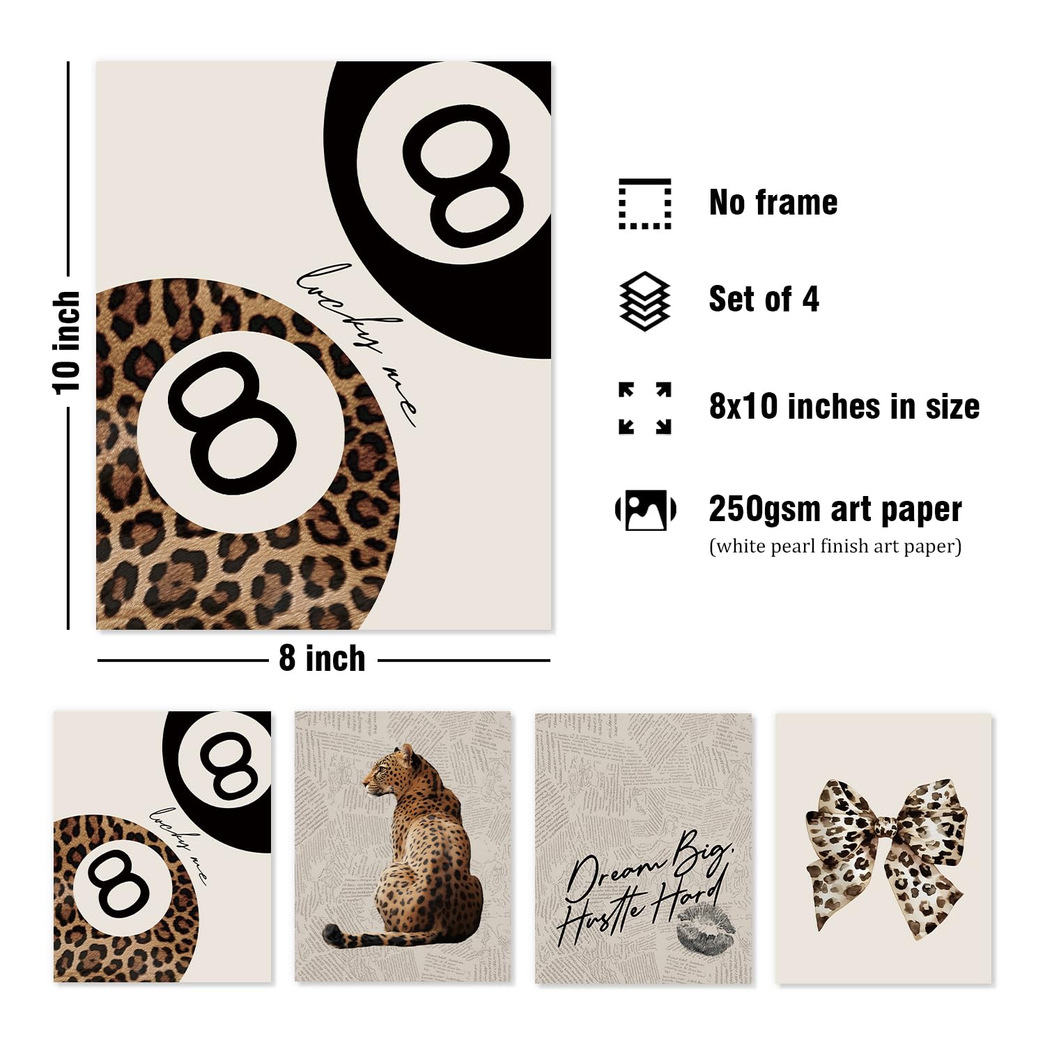 Trendy Leopard Wall Art Prints Set of 4 Funky Lucky 8 Ball Posters Prints Preppy Room Aesthetic Cheetah Wall Decor for Girls Room Dorm Apartment 8x10 Unframed