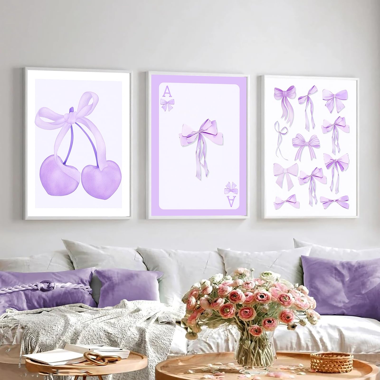 Purple Coquette Trendy Preppy Bows Cherry Wall Art Prints Set of 3 Watercolor Light Purple Poker Posters Wall Decor,  Unframed