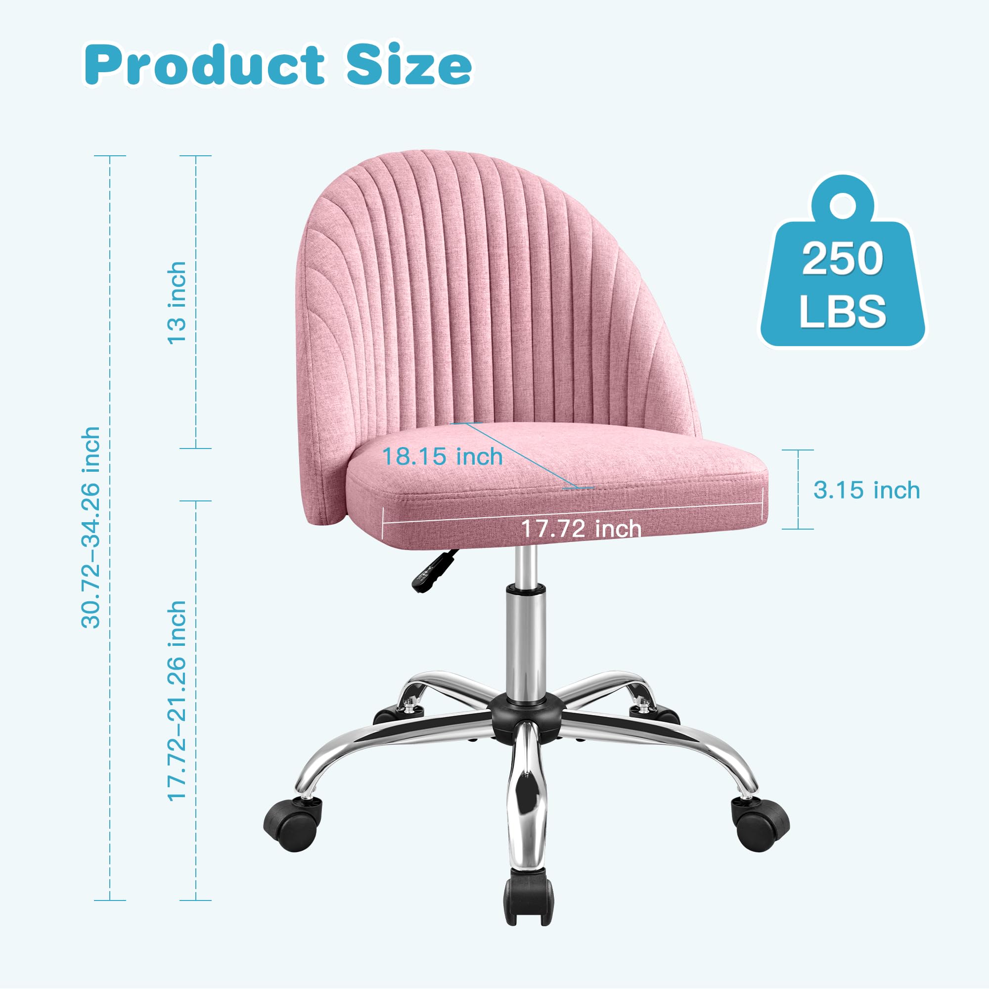 Modern Armless Cute Adjustable Swivel Padded Fabric Vanity Chair with Wheels
