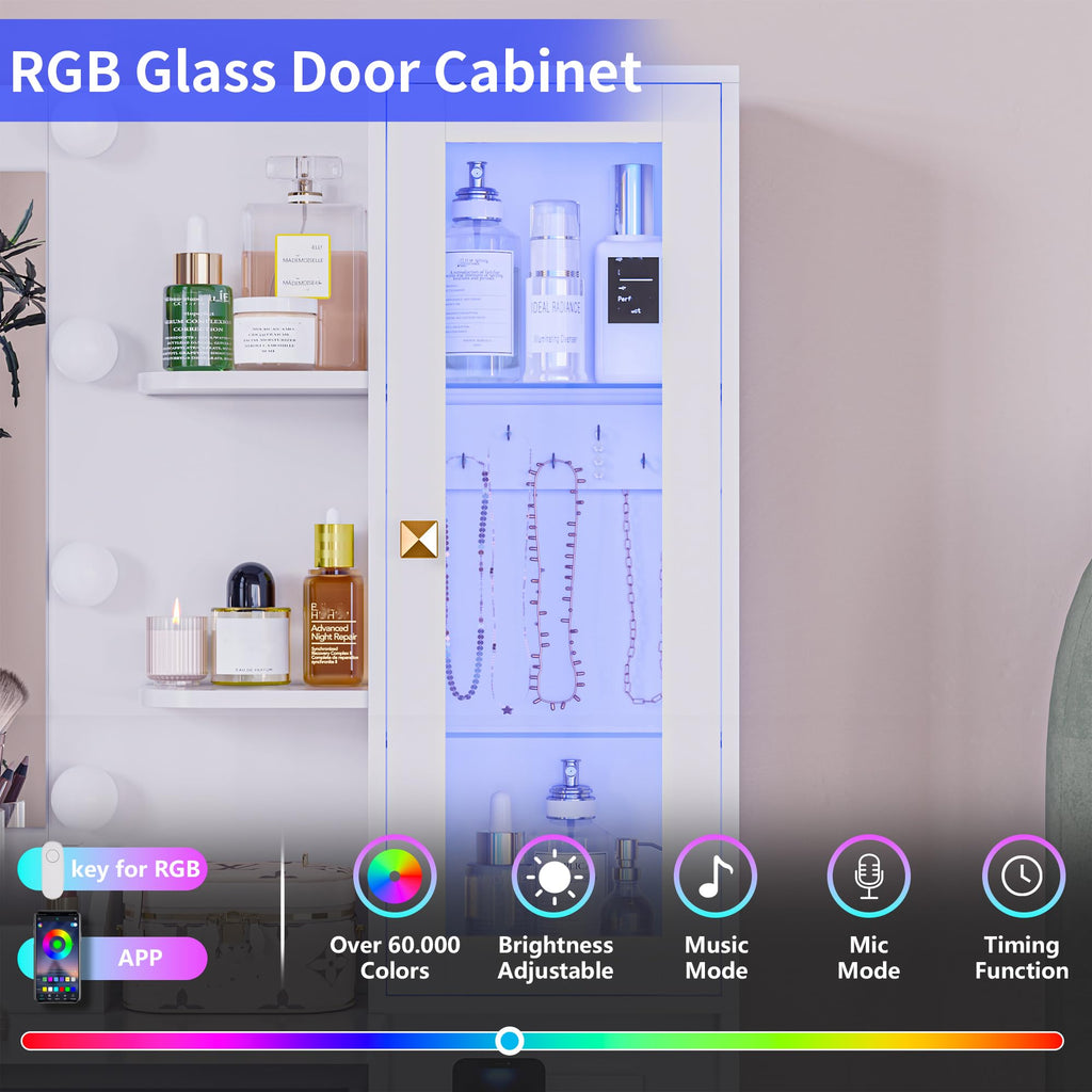 Vanity Desk with Mirror and Lights, Pink Makeup Vanity with 5 Drawers Hidden Jewelry Organizer& LED Glass Cabinet, 3 Lights Mode and Brightness Adjusted,Vanity Mirror with Lights Desk and Chair