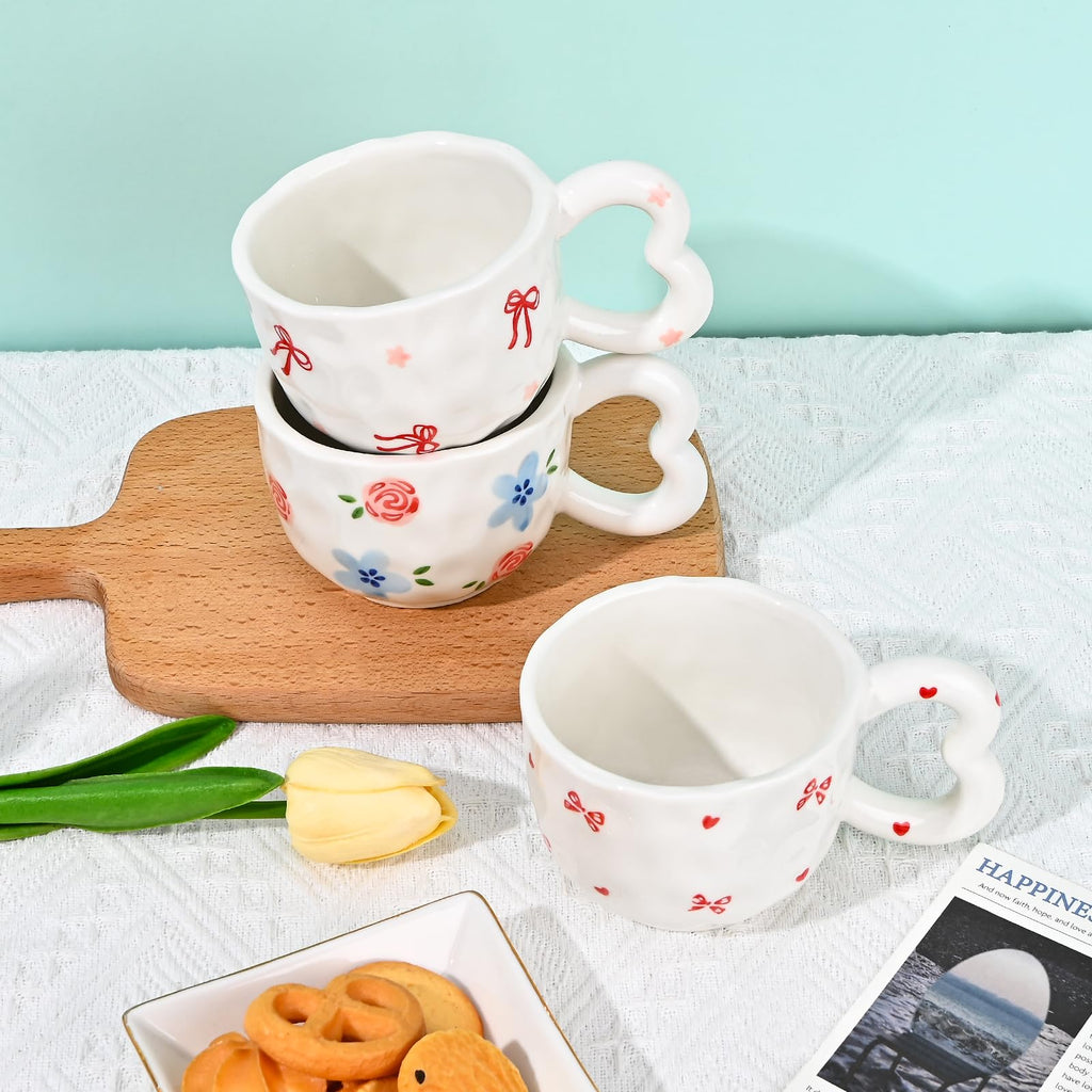 Ribbon Bow Ceramic Mug, Cute Creative Heart Handle Mug Design, 10.5 oz/300 ml