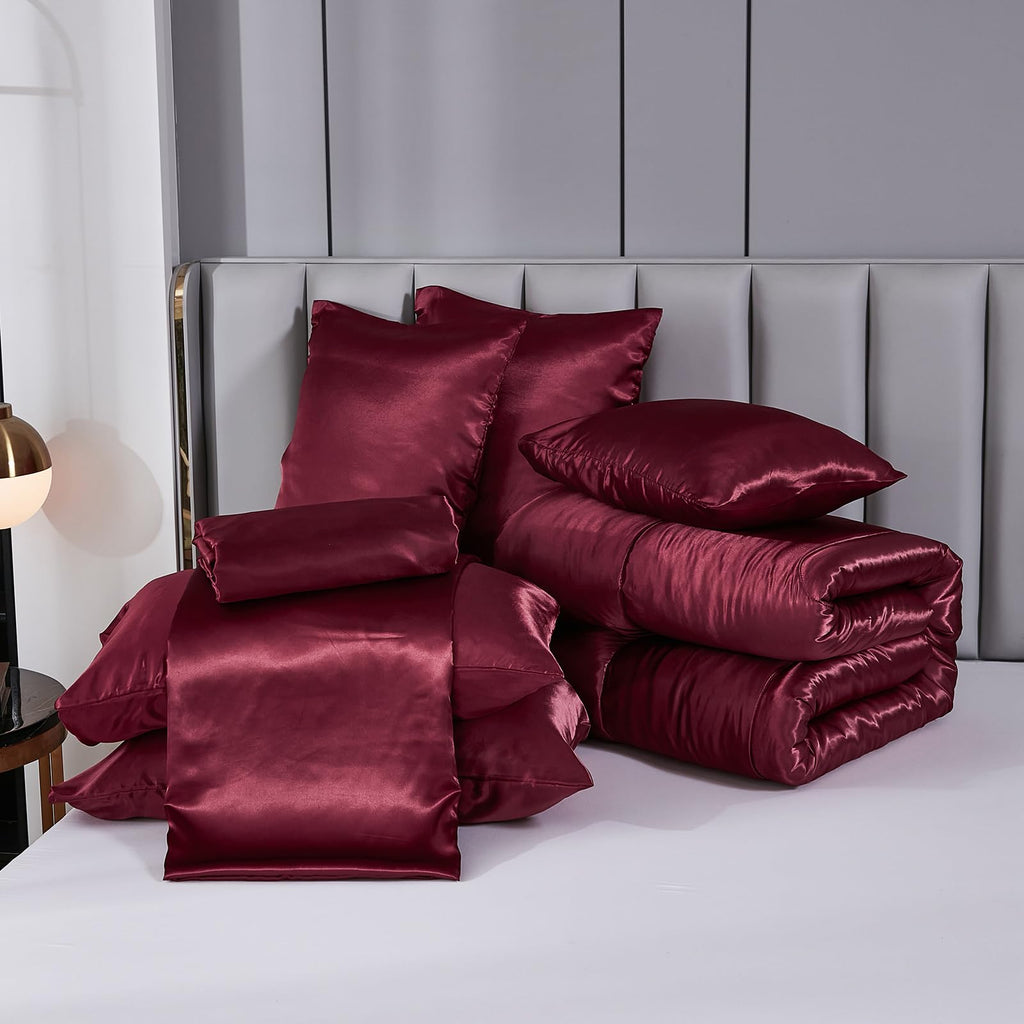 Satin Comforter Set with Sheet Set Full Silk Like Hot Pink Bed in a Bag Luxury Silky Bedding with 1 Comforter, 1 Flat Sheet, 1 Fitted Sheet, 4 Pillowcases, 1 Cushion Cover (Full, Hot Pink)