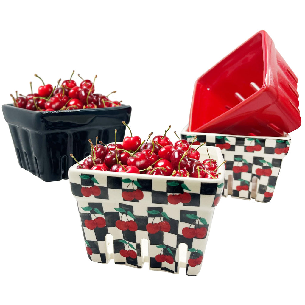 Farmhouse Ceramic Berry Basket, Colander, Fruit Decor, Fruit Bowls/Baskets, Kawaii Kitchen Bowl Fruit Pattern Stoneware Harvest Square Bowls Set of 4