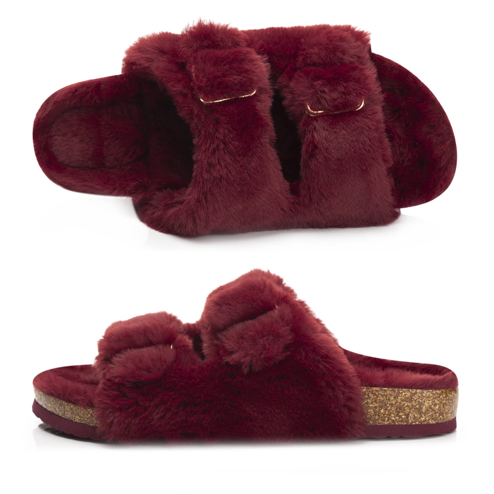 Womens Open Toe Slipper with Cozy Lining, Faux Fur Slide Sandals