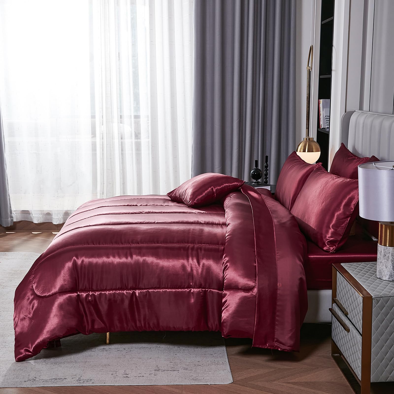 Satin Comforter Set with Sheet Set Full Silk Like Hot Pink Bed in a Bag Luxury Silky Bedding with 1 Comforter, 1 Flat Sheet, 1 Fitted Sheet, 4 Pillowcases, 1 Cushion Cover (Full, Hot Pink)