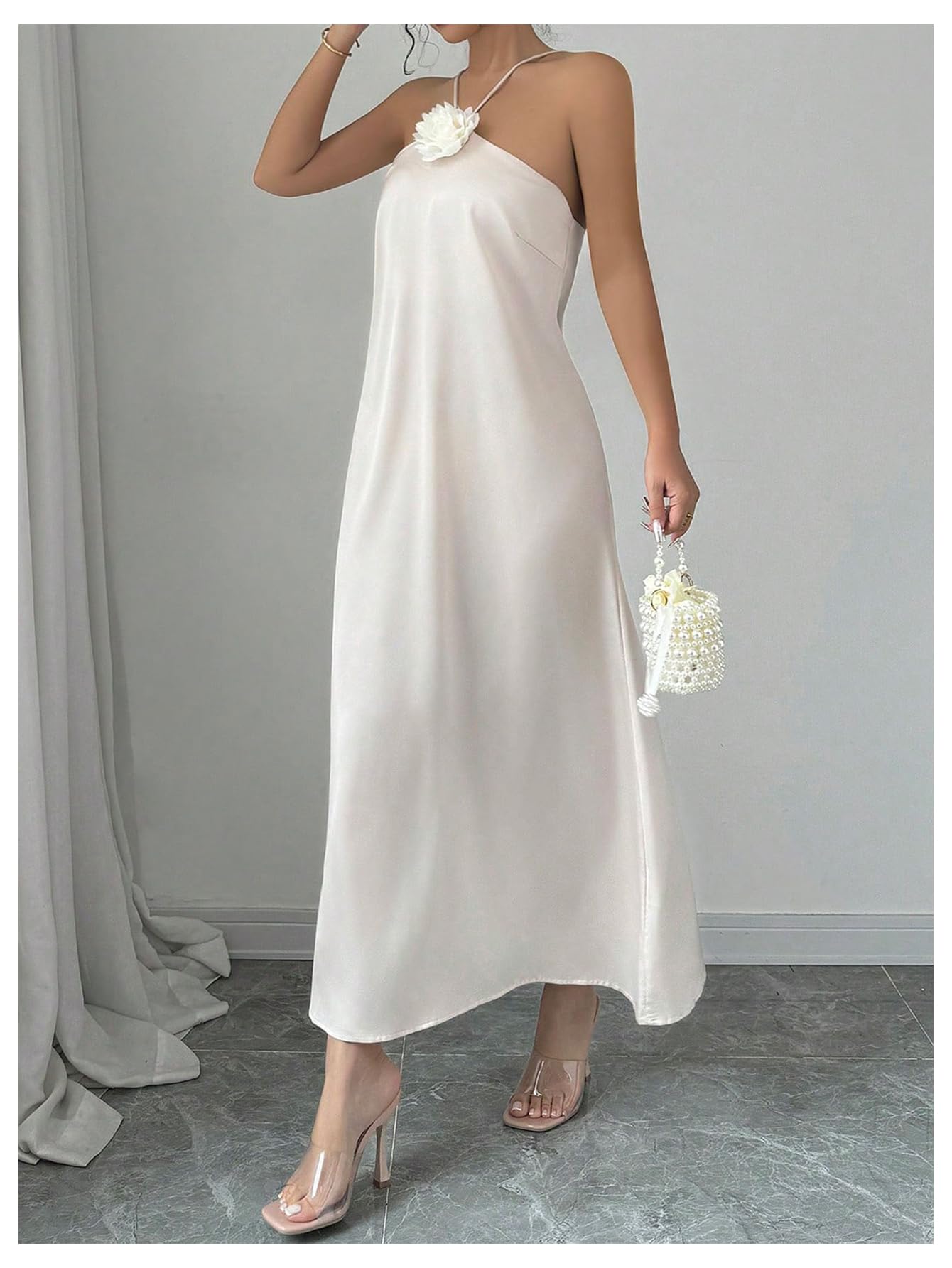 Women's 3D Floral Halter Dress Criss Cross Backless Sleeveless Maxi Dresses