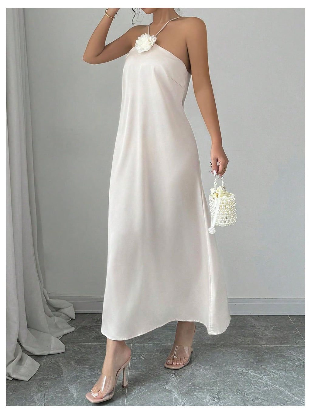 Women's 3D Floral Halter Dress Criss Cross Backless Sleeveless Maxi Dresses