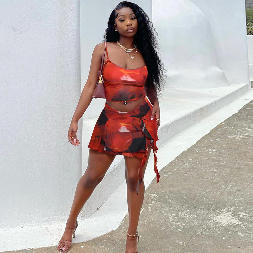 Womens Sexy 2 Piece Club Outfits Set Floral Print Camisole Crop Top Mini Skirt with Slit