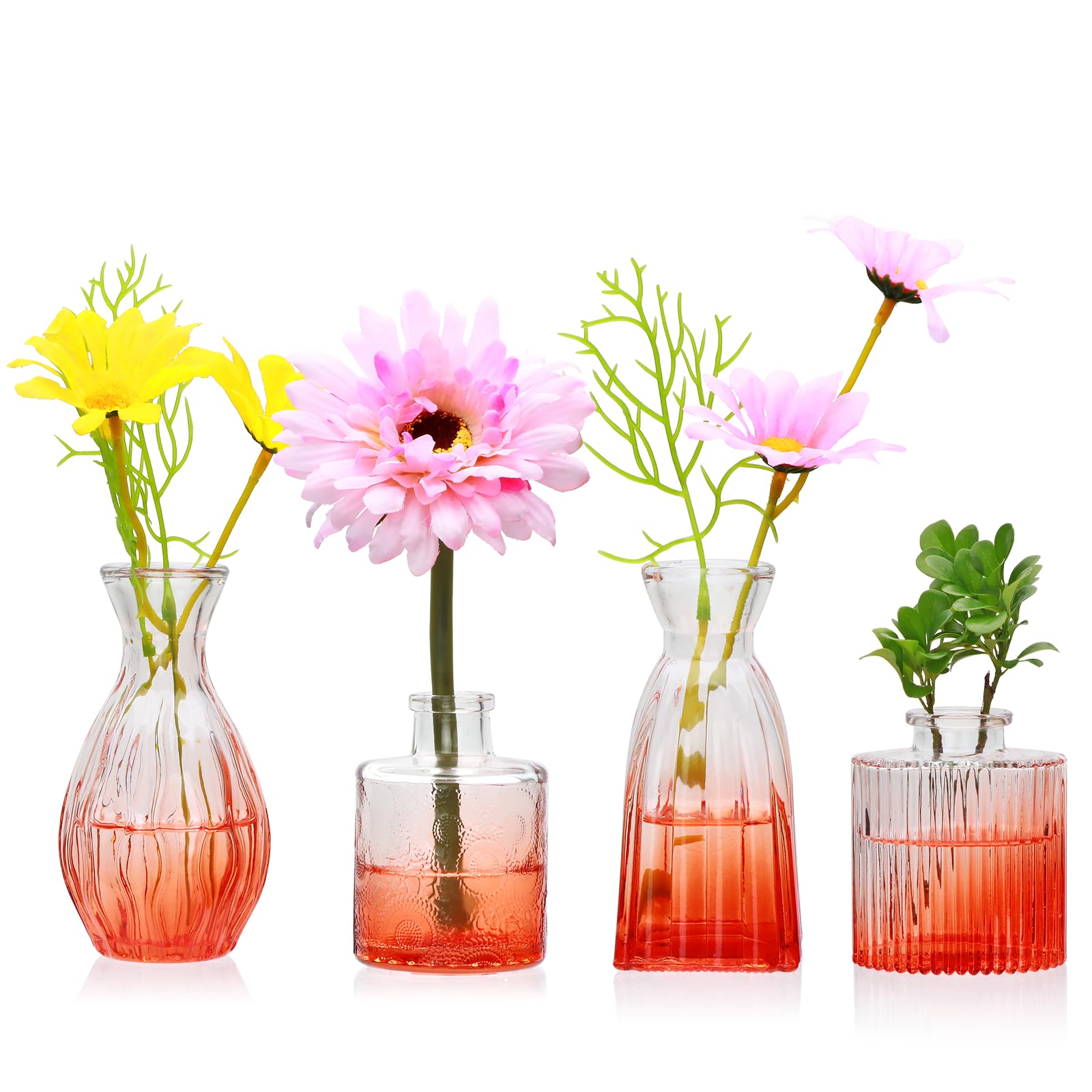 Glass Bud Vases Set of 4, Small Flower Vases for Wedding Centerpiece Vintage Embossed Mini Vases
