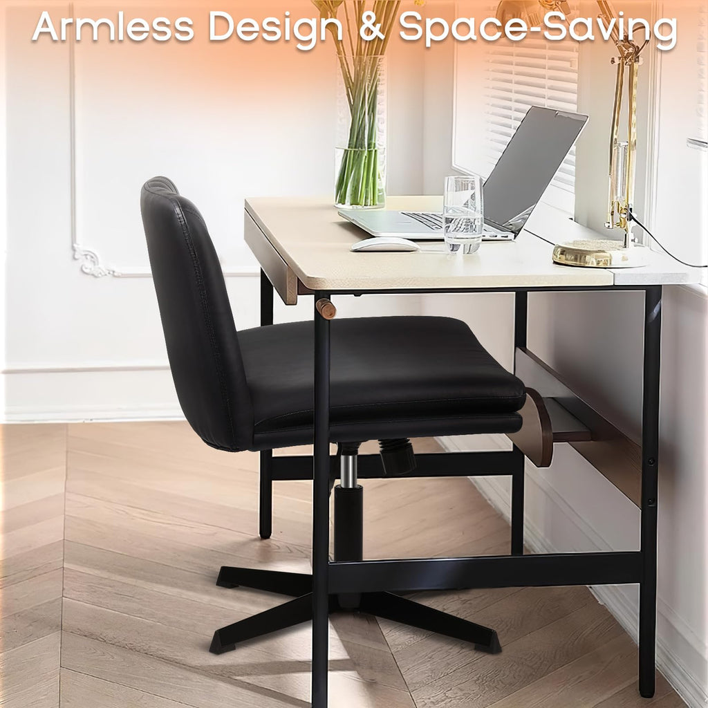 Criss Cross Chair, Armless Cross Legged Office Desk Chair No Wheels, Fabric Padded Modern Swivel Height Adjustable Mid Back Wide Seat
