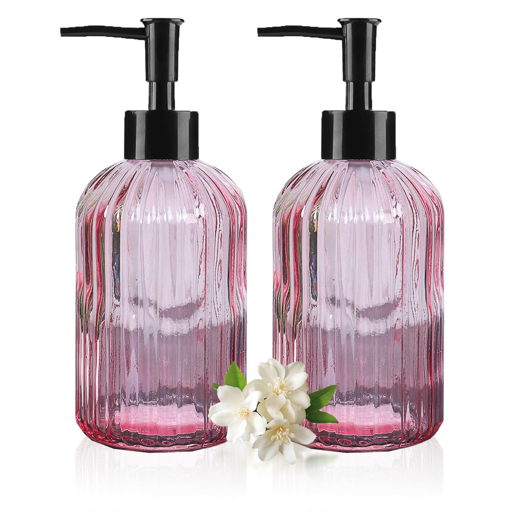 Pink Clear Glass Soap Dispenser 13 Oz/400ml, Striped Transparent Liquid Hand Soap Dispenser for Kitchen & Bathroom