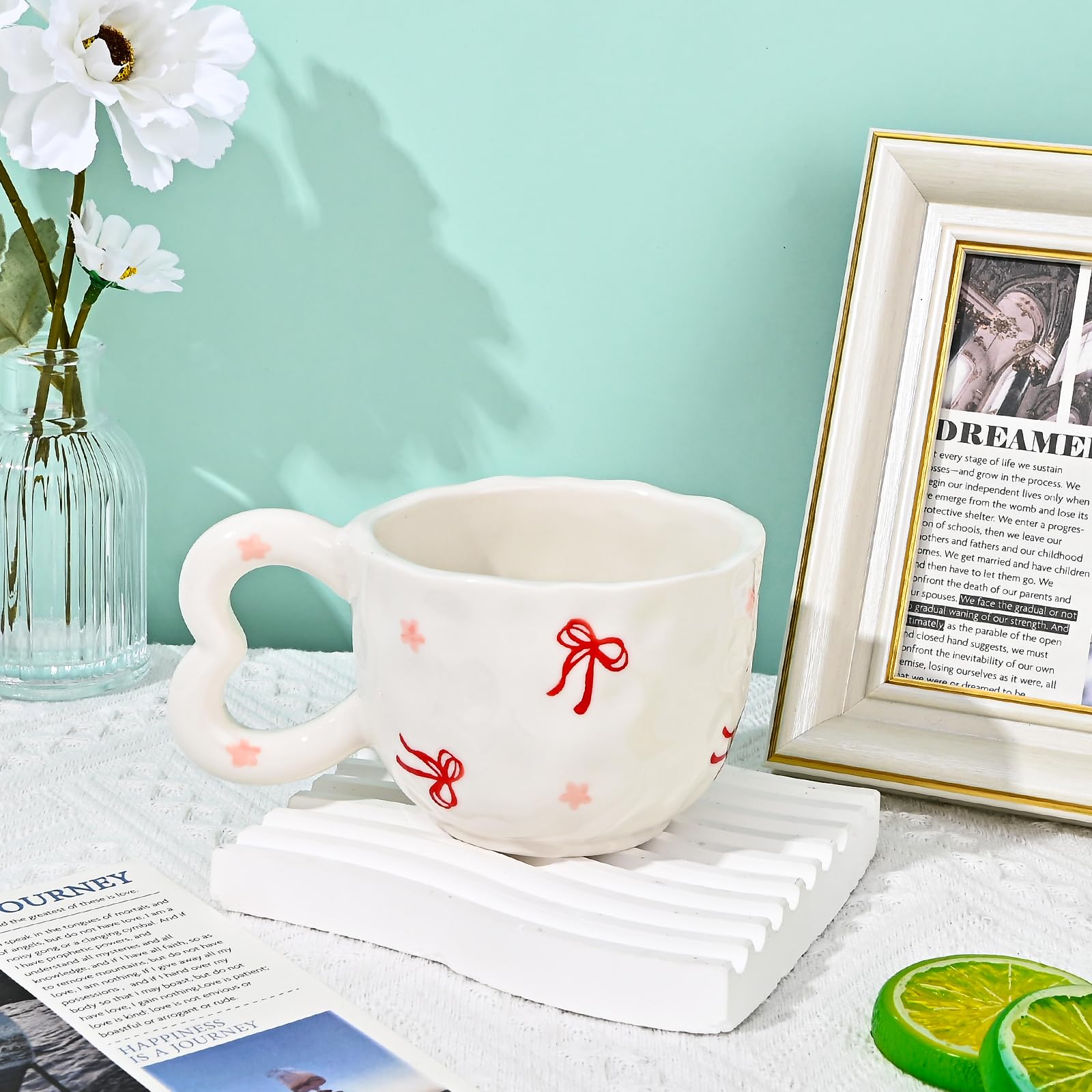 Ribbon Bow Ceramic Mug, Cute Creative Heart Handle Mug Design, 10.5 oz/300 ml