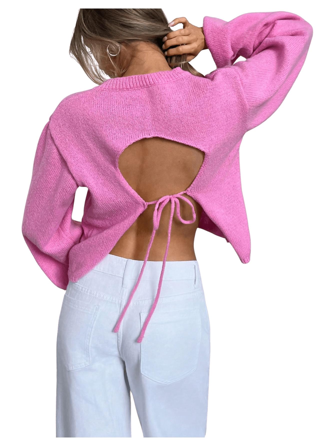 Women's Bow Open Back Sweater Top Trendy Long Sleeve Backless Drop Shoulder Mock Neck Cable Knit Sweaters