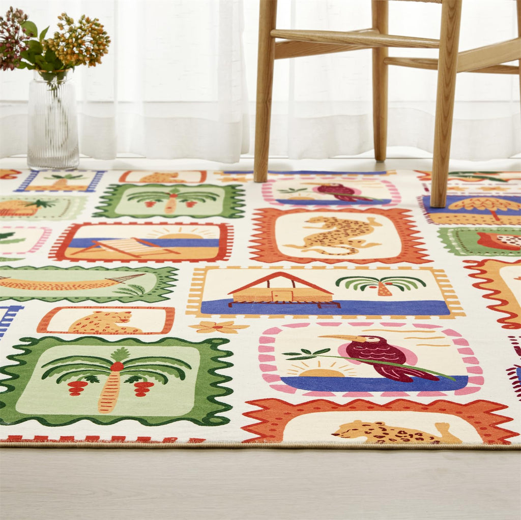 Summer Tropical Area Rug in Green and Orange Washable, Checkered Abstract Jungle Animals Cute Fun Aesthetic Throw Rug Accent Carpet for Bedroom Entryway Living Room Dorm Nursery