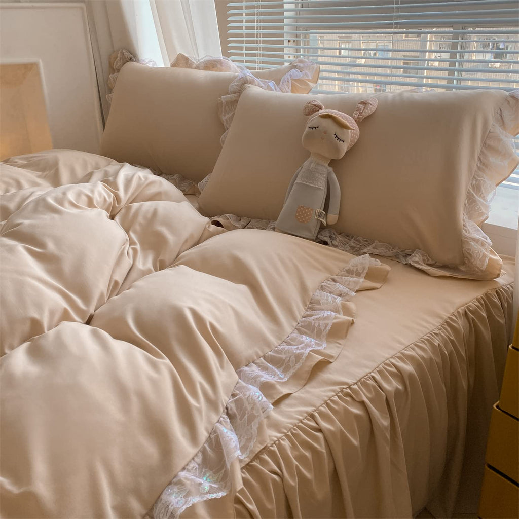 Chic Ruffle Lace Polyester Duvet Cover Set - Bedding-2 Piece Twin Duvet Cover with Zipper Closure - Ultra Soft and Light Weight