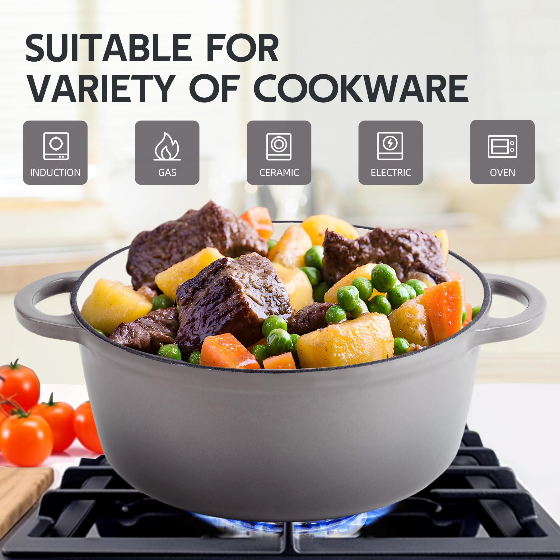 Enameled Cast Iron Dutch Oven with Lid - Big Dual Handles - Round Pot for Versatile Cooking 6 Quart