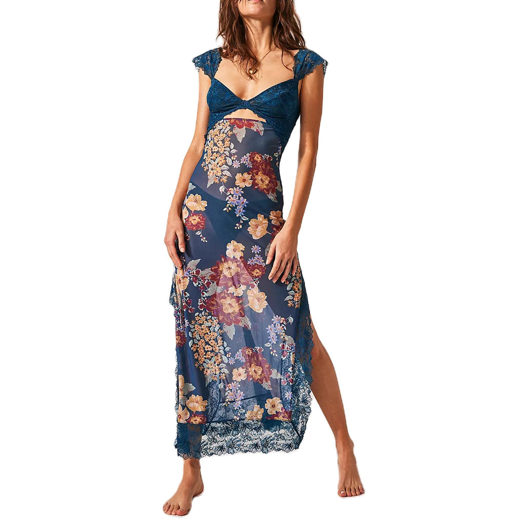 Women Sleeveless Maxi Dress Backless Bodycon Floral Printed Spaghetti Strap Long Dress Sheer Mesh Summer One-Piece