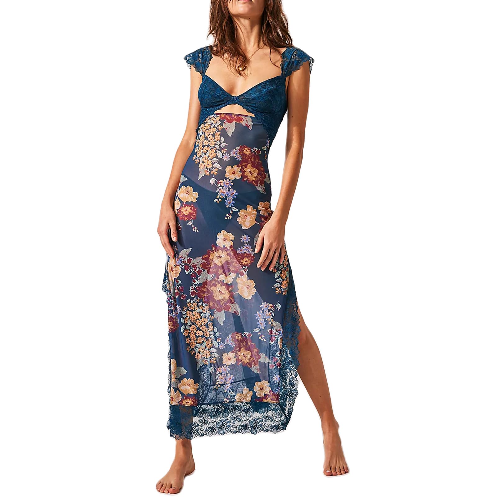 Women Sleeveless Maxi Dress Backless Bodycon Floral Printed Spaghetti Strap Long Dress Sheer Mesh Summer One-Piece