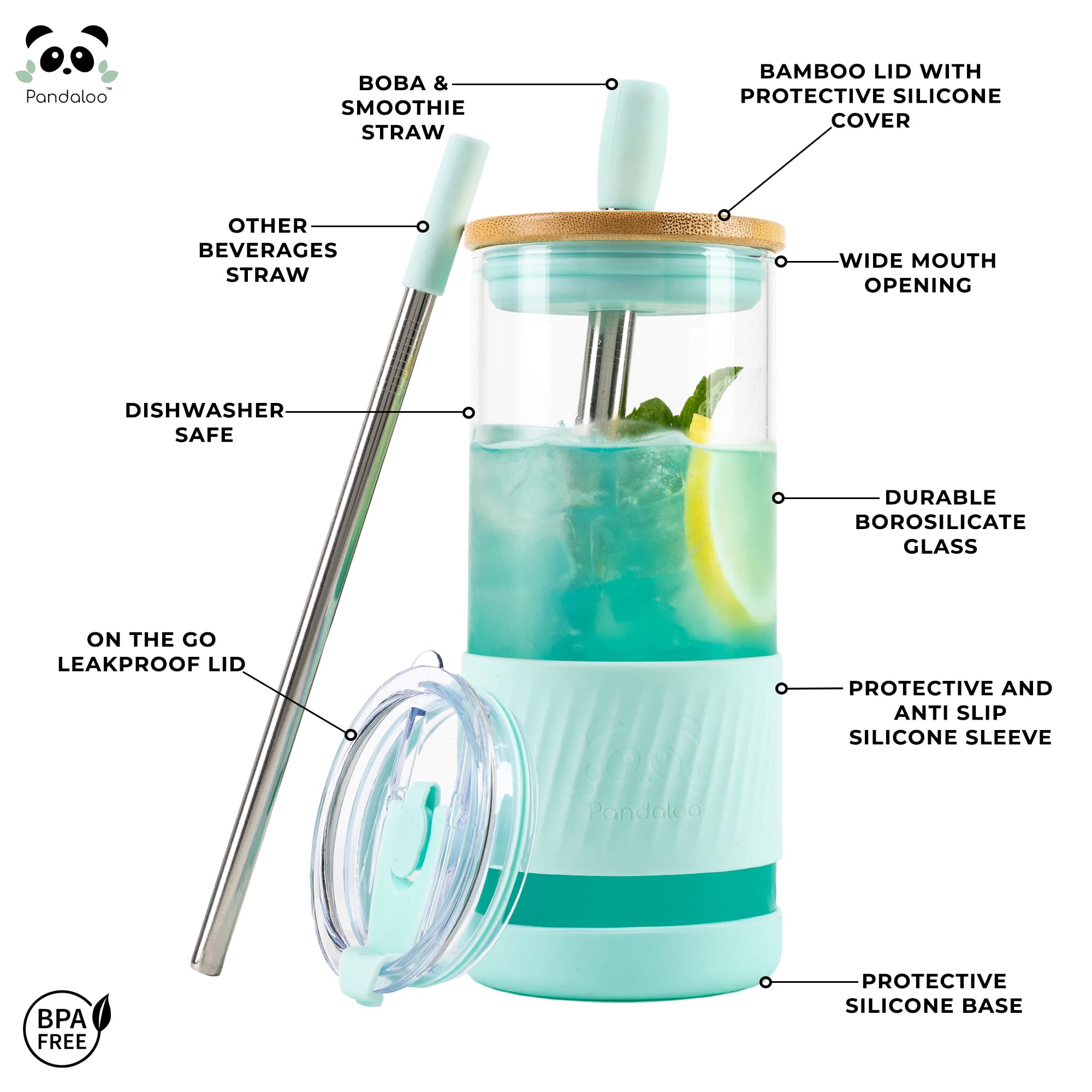 Pandaloo® Glass Cups With Lids and Straws -20 Fl Oz- Perfect Size Iced Coffee Cup - Smoothie Cup With Bamboo Lid and On the go Lid - Glass Tumbler With Straw
