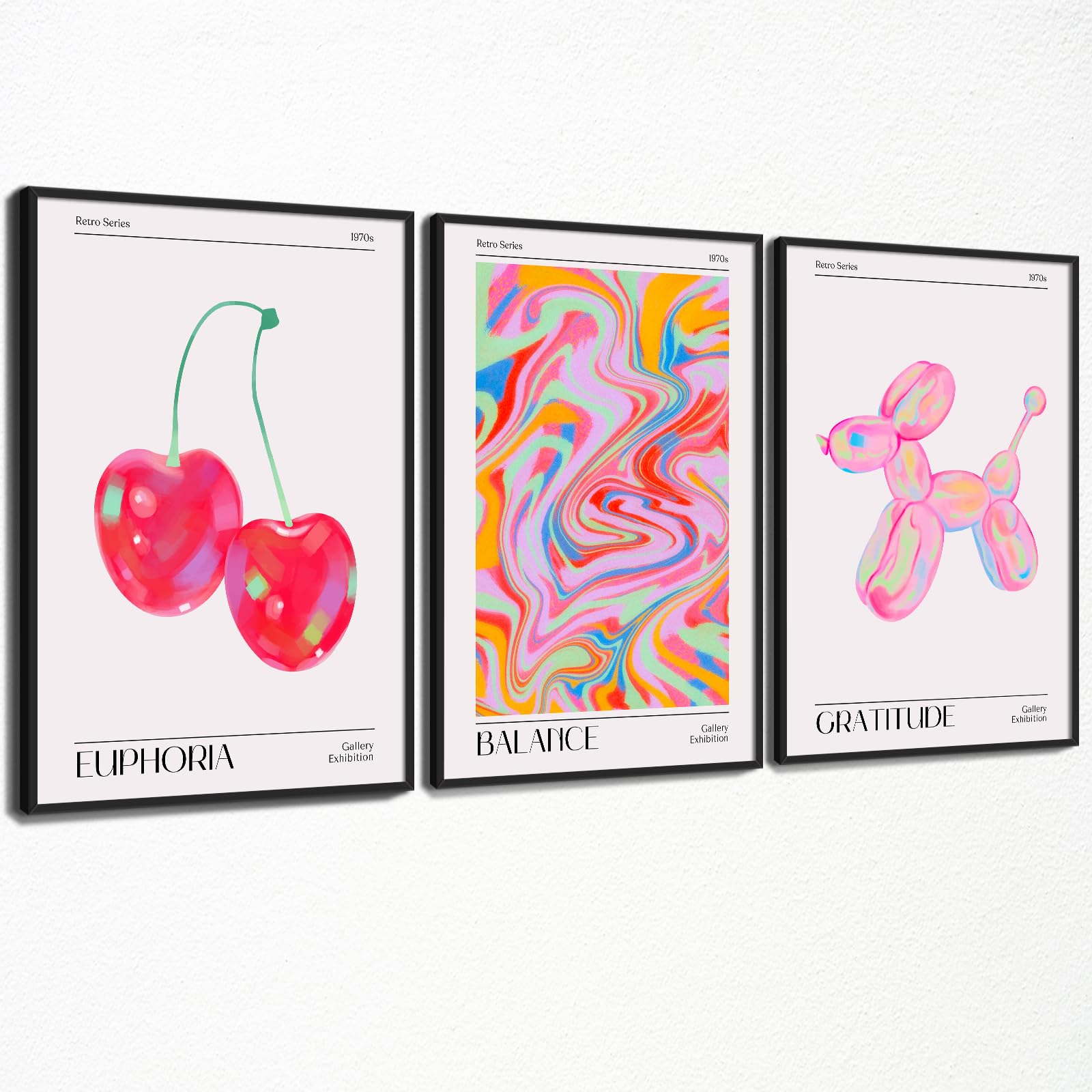 Set of 3 Retro Preppy Cherry Canvas Wall Art Posters â€?Funky Euphoria Abstract Aura Prints for Bedroom or Dorm Decor