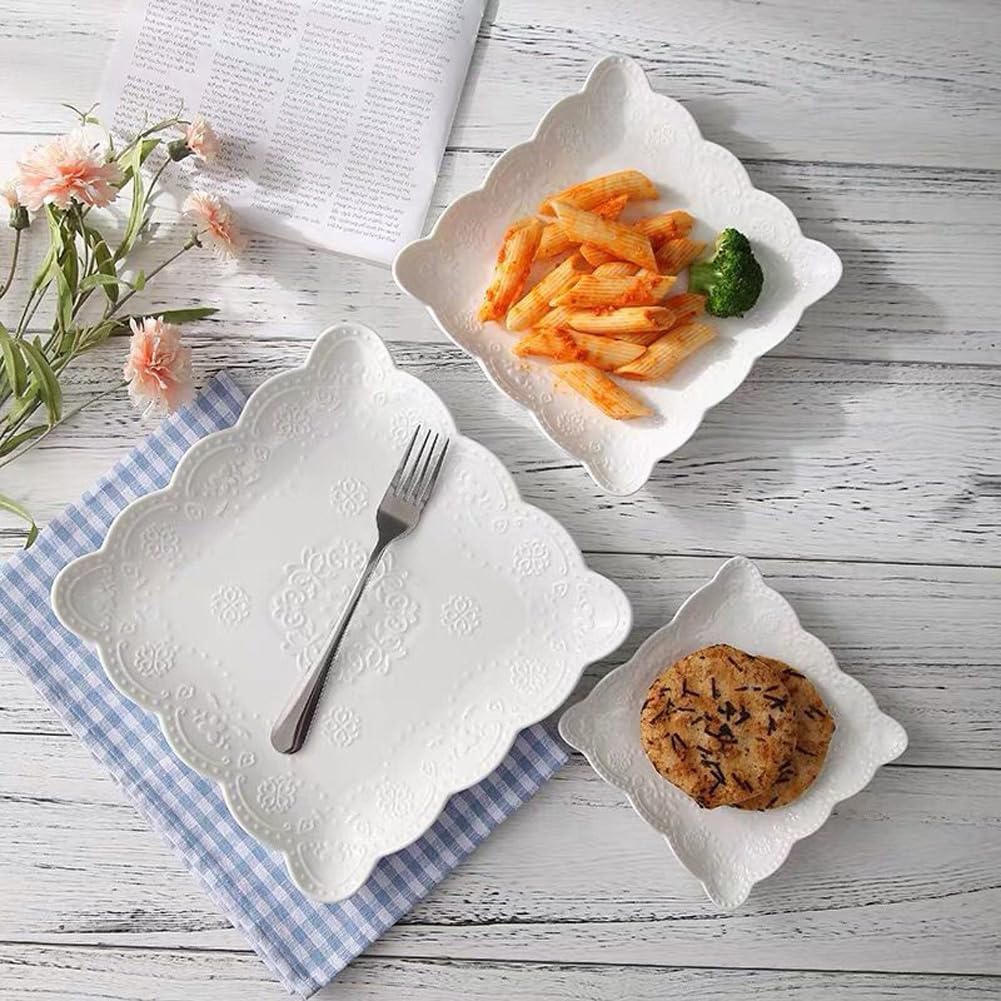 Elegant Square Embossed Lace Plate Bone China Dessert Plate Ceramic Plate Afternoon Tea