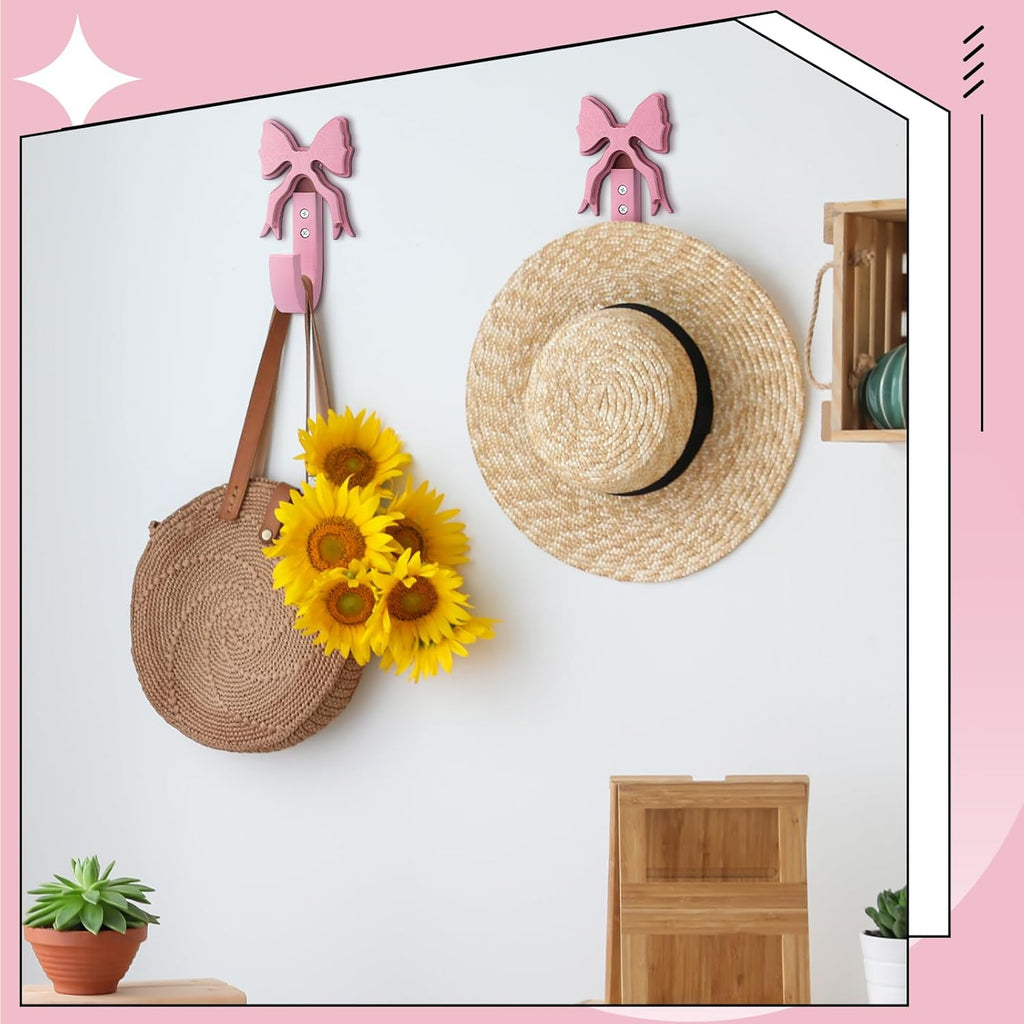 Pink Bow Hooks Wooden Bow Wall Hooks Coquette Room Decor Cute Coat Towel Hanger Wall Hanging Decor 2 Pcs