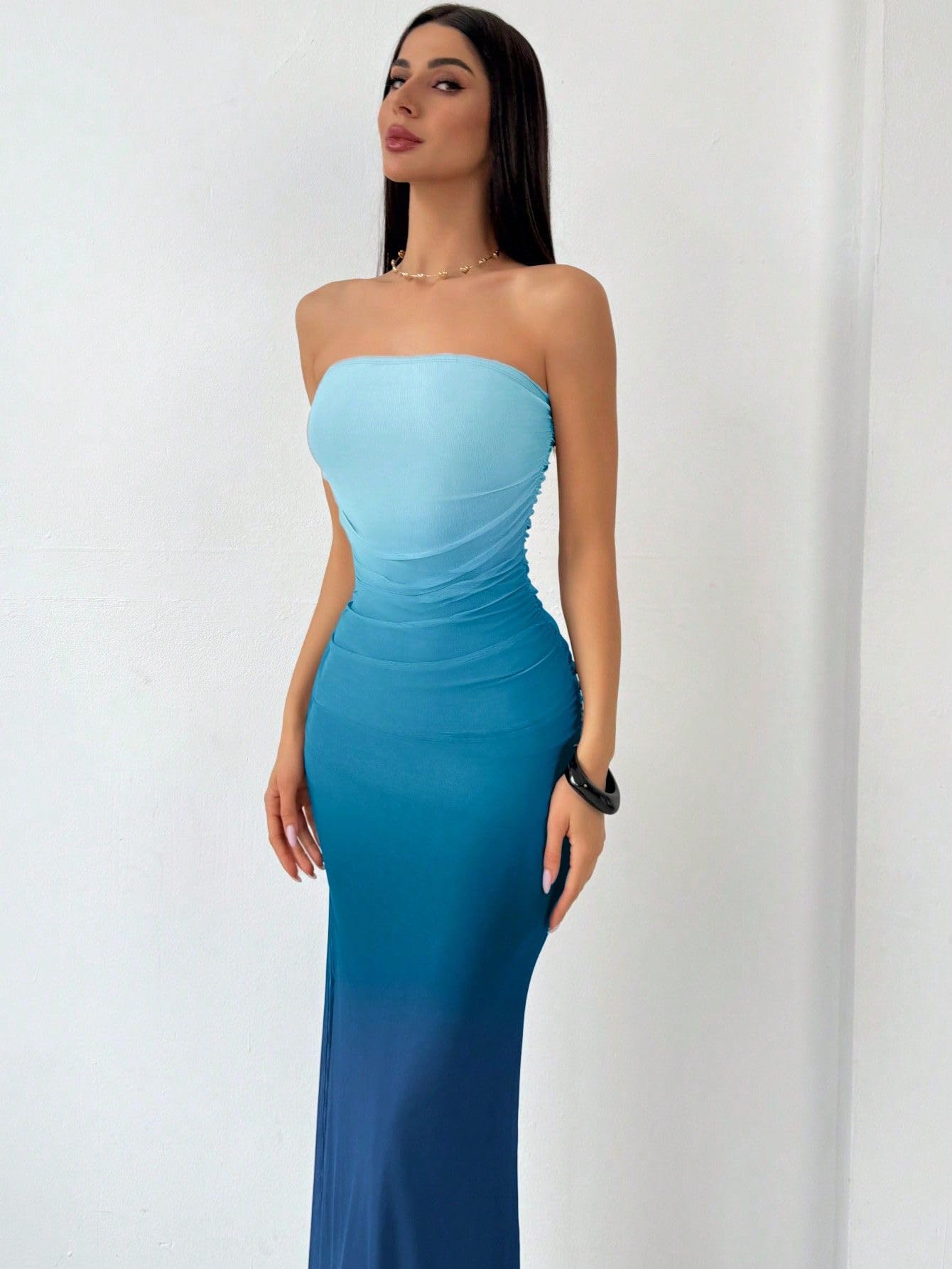 Women's Summer Gradient Strapless Tube Dress Bodycon Long Dress Side Slit Mesh Layered