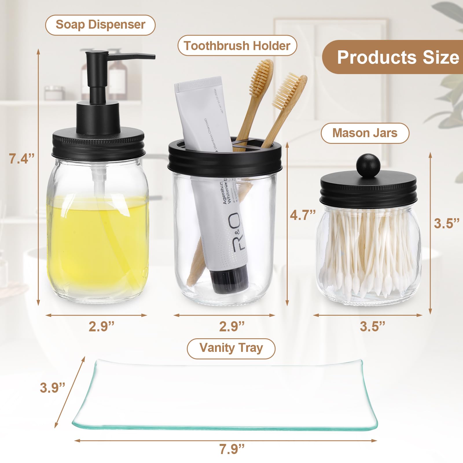 Glass Bathroom Accessories Set 4PCS Bathroom Accessories Set with Soap Dispenser Toothbrush Holder Qtip Holder & Vanity Tray