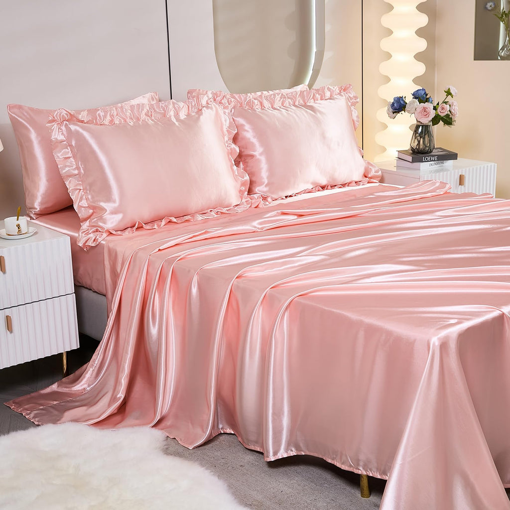 Ruffle Comforter Set 8 Pieces Satin Comforter Set with Sheet Set - Waterfall Ruffle Design Luxurious Silky Comforter Set