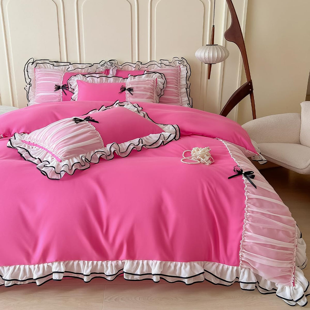 Duvet Cover Ruffle Beddding Set with Bowtie - 3 Pieces Comforter Cover Set with Zipper Closure & Pillowcase - Comforter Not Included