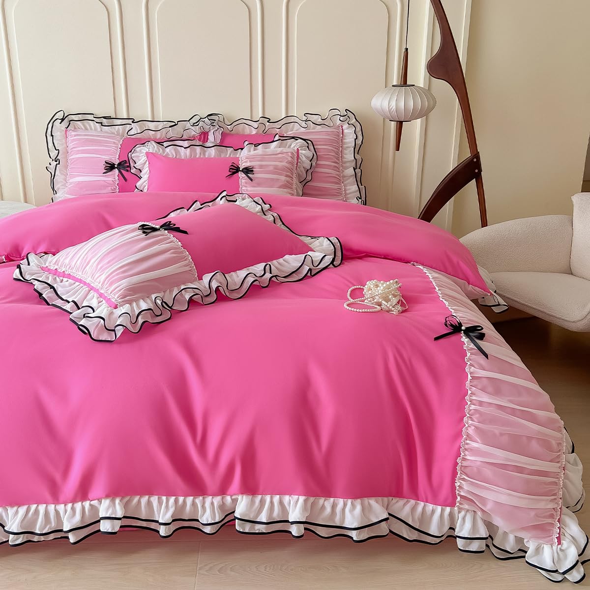 Duvet Cover Ruffle Beddding Set with Bowtie - 3 Pieces Comforter Cover Set with Zipper Closure & Pillowcase - Comforter Not Included