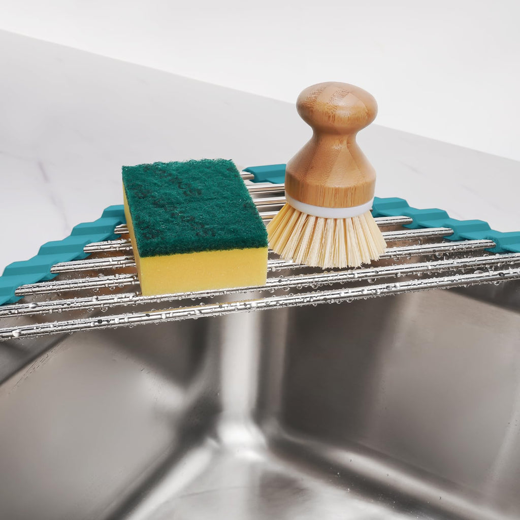 Triangle Foldable Dish Drying Rack, Small Roll-Up - Stainless Steel Over Sink Drainer for Kitchen Sink Corner, Rustproof