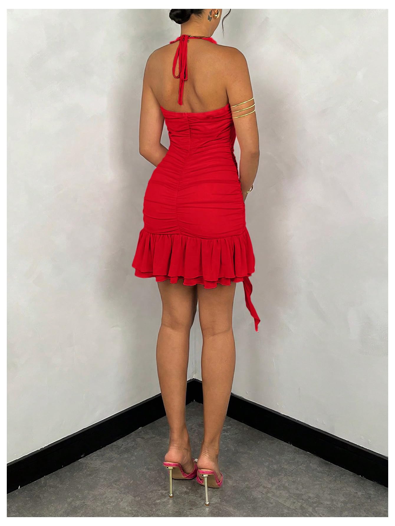 Women's 3D Floral Ruffle Mesh Halter Sleeveless Tie Backless Ruched Bodycon Mini Dress