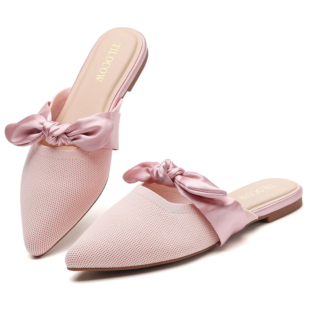 Knotbow Mules for Woman Pointed Toe Flats Bow Mules Slip On Slides Flats Shoes Women Dressy Comfortable