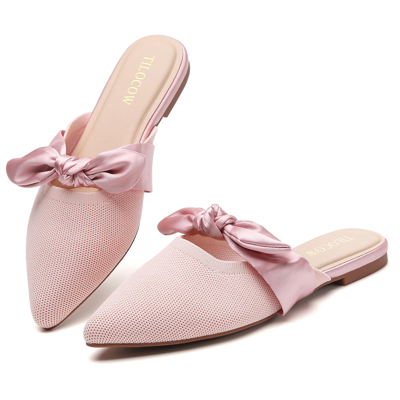 Knotbow Mules for Woman Pointed Toe Flats Bow Mules Slip On Slides Flats Shoes Women Dressy Comfortable