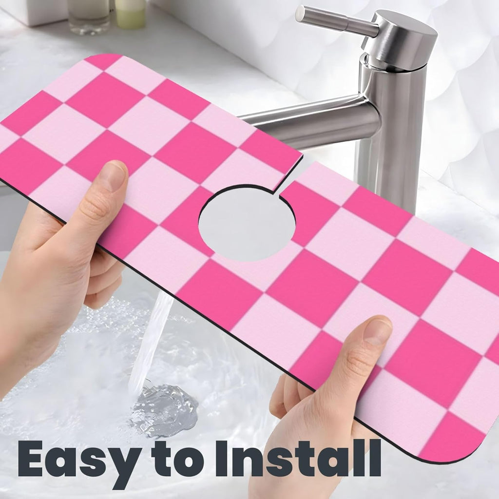 Pink Pastel Checkered Sink Splash Guard Faucet Mat Faucet Handle Drip Catcher Tray Drying Mat