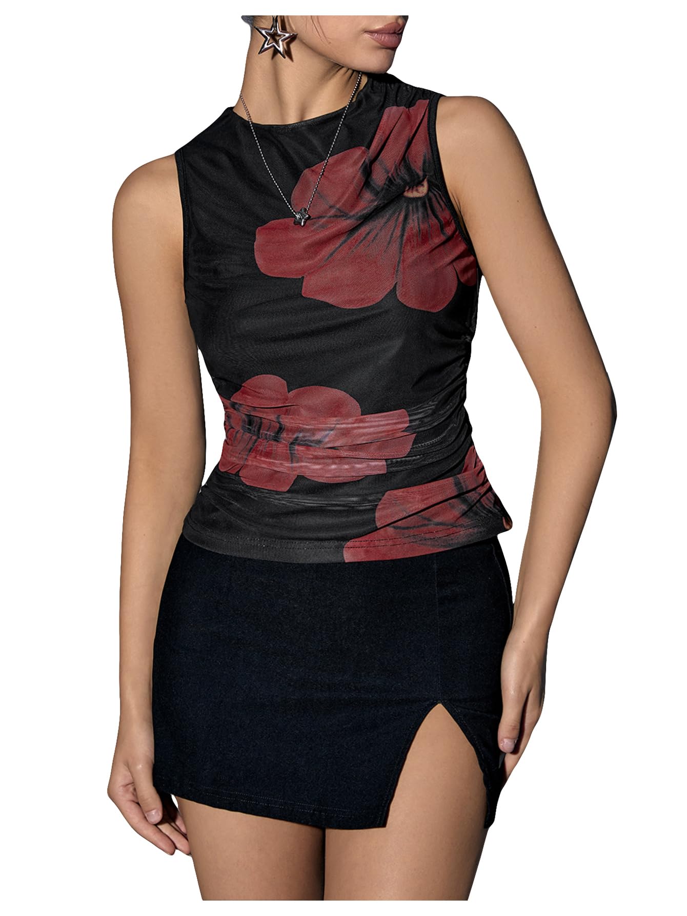 Women's Flower Print Mesh Top Sleeveless Mock Neck Ruched Tank Tops