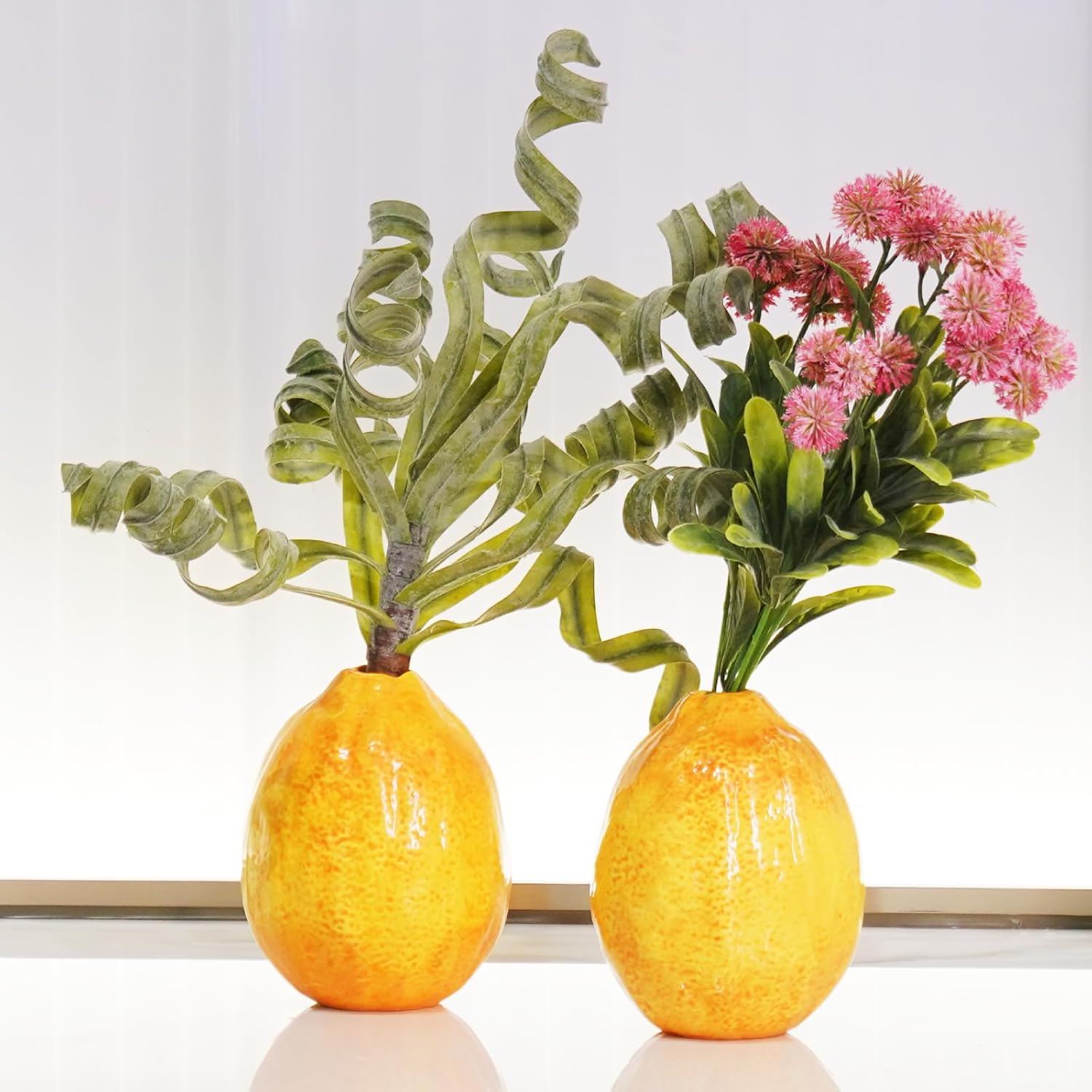 Unique Lemons Shaped Vase for Decor - Set of 2 Fruit Shaped Vase, Ceramic Vases Decor for Flowers, Fake Lemon Decorations Vases for Centerpieces, 3.5 x 3.5 x 4.5 Inch