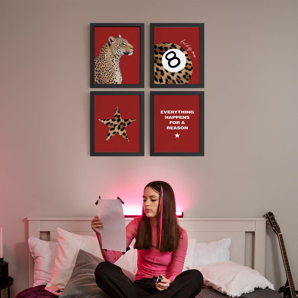 Trendy Leopard Wall Art Prints Set of 4 Funky Lucky 8 Ball Posters Prints Preppy Room Aesthetic Cheetah Wall Decor for Girls Room Dorm Apartment 8x10 Unframed
