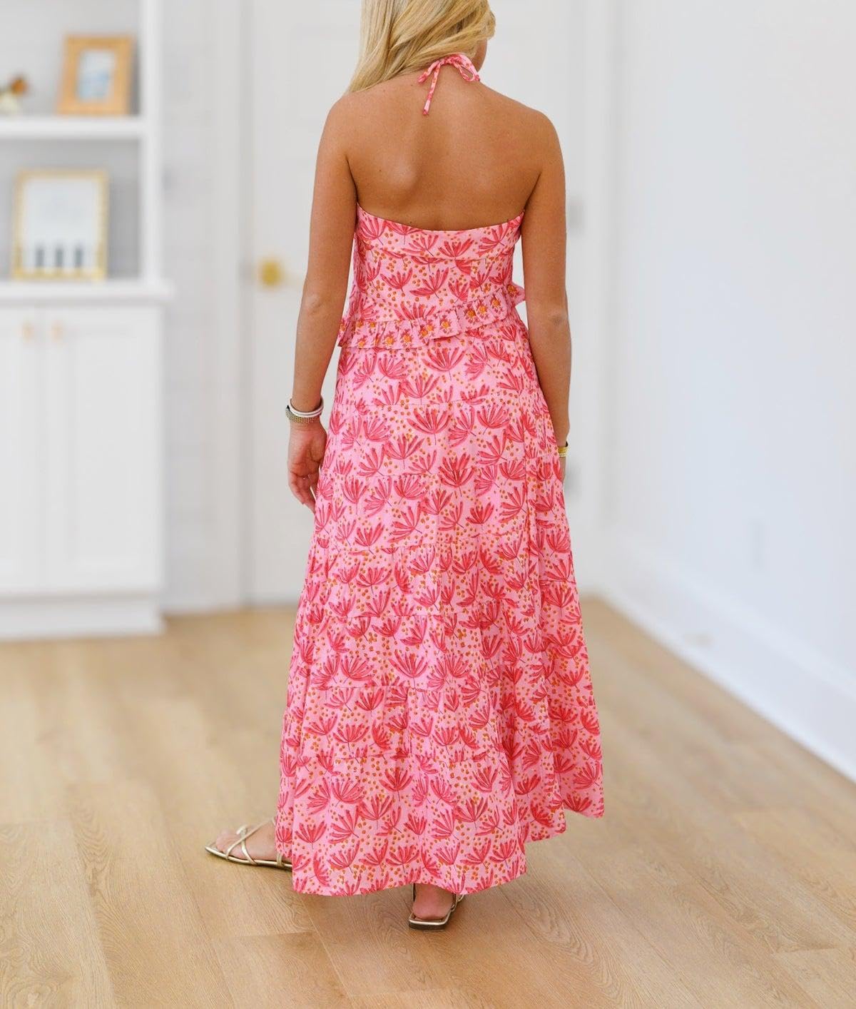 Womens 2 Piece Maxi Skirt Set Y2k Halter Ruched Cami Top Tiered Flowy Ruffle Skirt Outfit